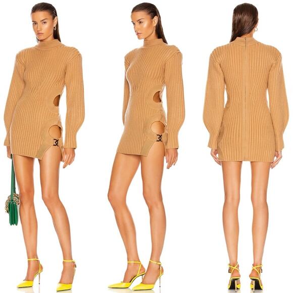 David Koma Camel Side Cutout Ribbed Knit Mini Dress - Picture 1 of 17